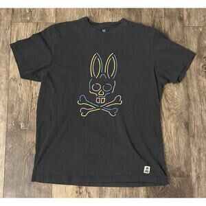 Psycho Bunny Men's Dark Gray Colton Flocking Bunny Graphic Crew-Neck T-Shirt
